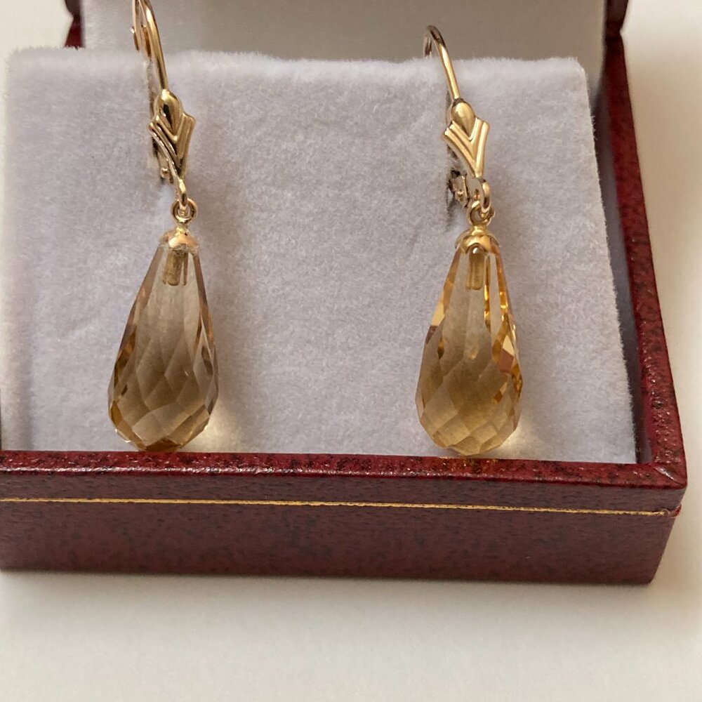 14K Yellow Gold Citrine Earrings Briolette Cut Lever Back - Picture 2 of 5